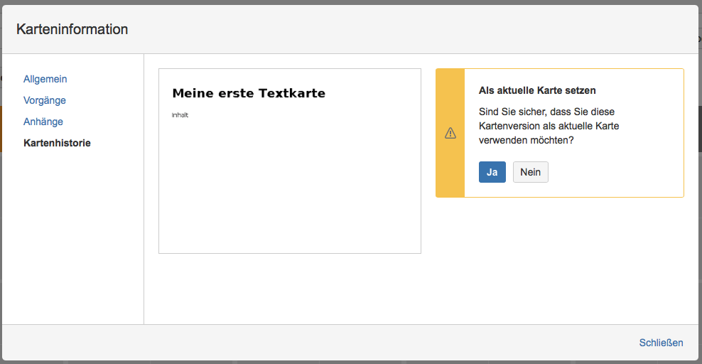 Agile Visual Board - Kartenhisttorie - Neue Version von bestehender Version erzeugen - Bestätigung